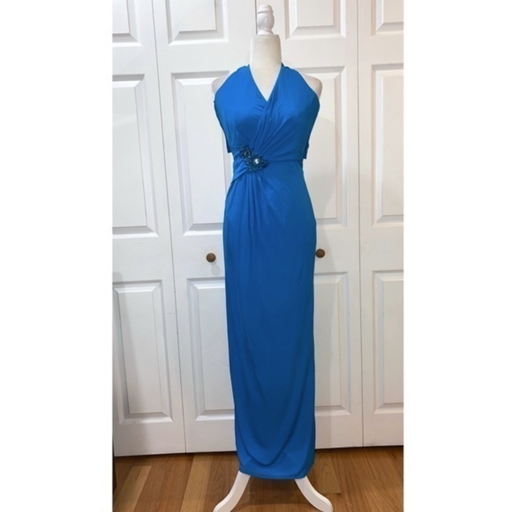 David Meister Blue Halter Neck Embellished Gown